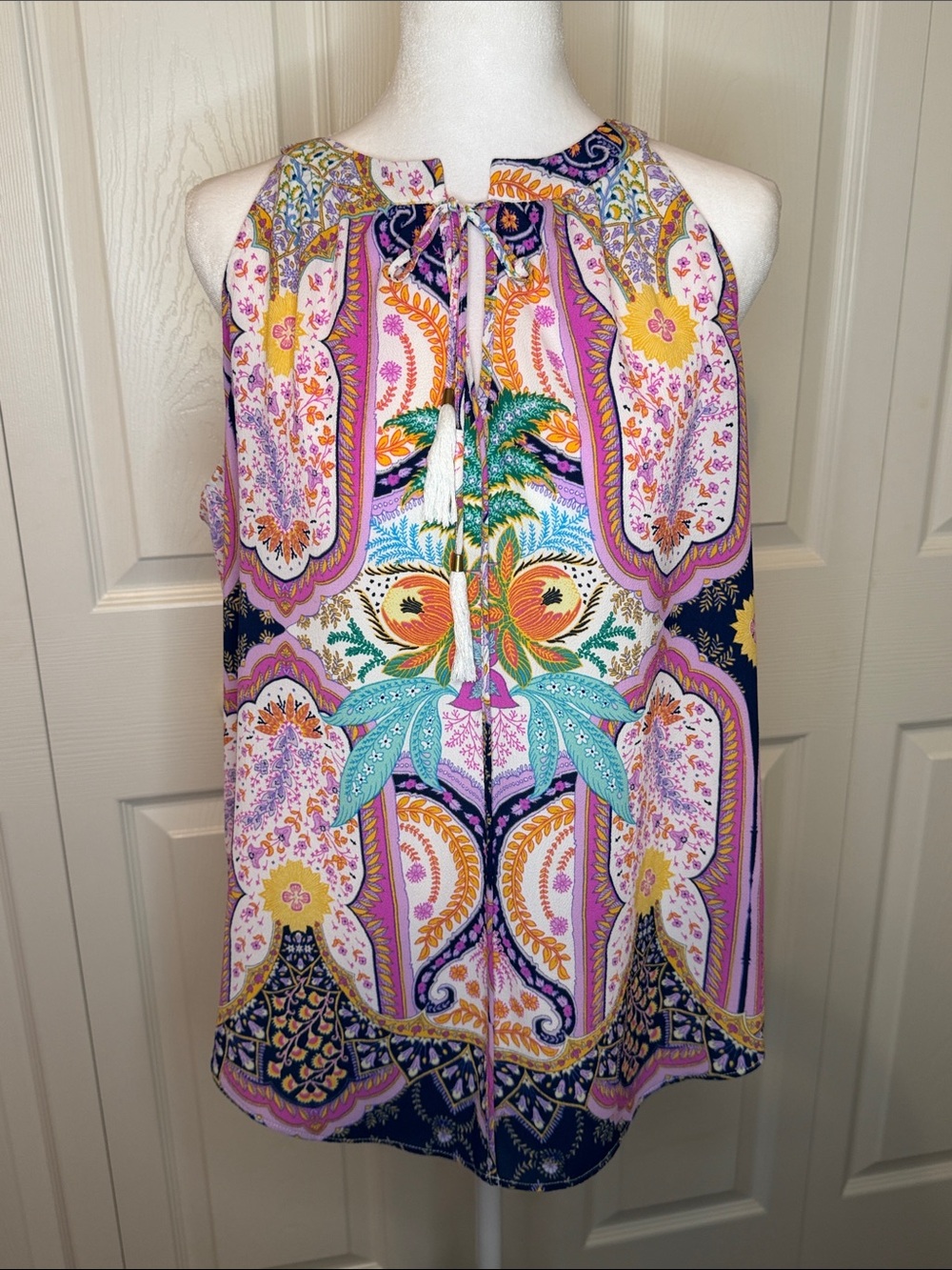 Rose & Olive Pink Multi Paisley Tie-Neck Sleeveless Top